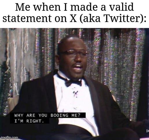 This is why I don't trust going on Twitter | Me when I made a valid statement on X (aka Twitter): | image tagged in why are you booing me i'm right,memes,funny,twitter | made w/ Imgflip meme maker
