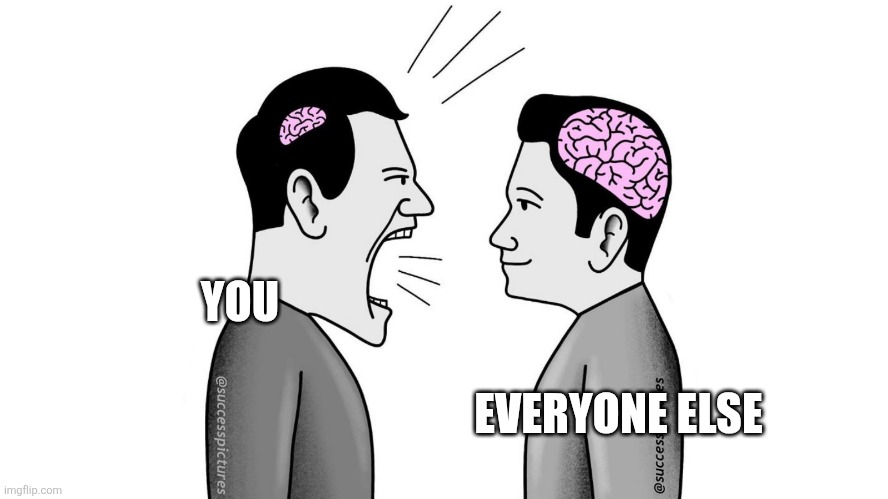 small brain yelling at big brain | YOU EVERYONE ELSE | image tagged in small brain yelling at big brain | made w/ Imgflip meme maker