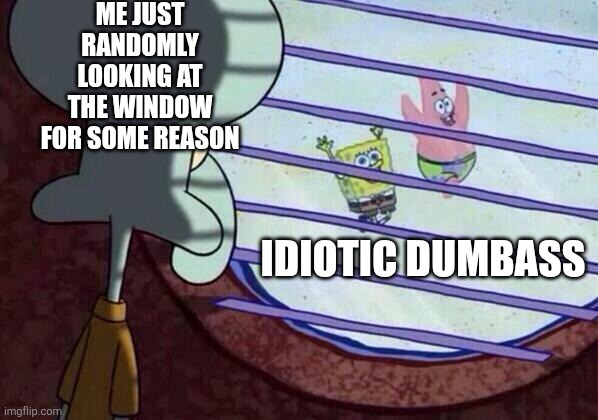 Haven't posted for a long time so here i am | ME JUST RANDOMLY LOOKING AT THE WINDOW FOR SOME REASON; IDIOTIC DUMBASS | image tagged in squidward window | made w/ Imgflip meme maker