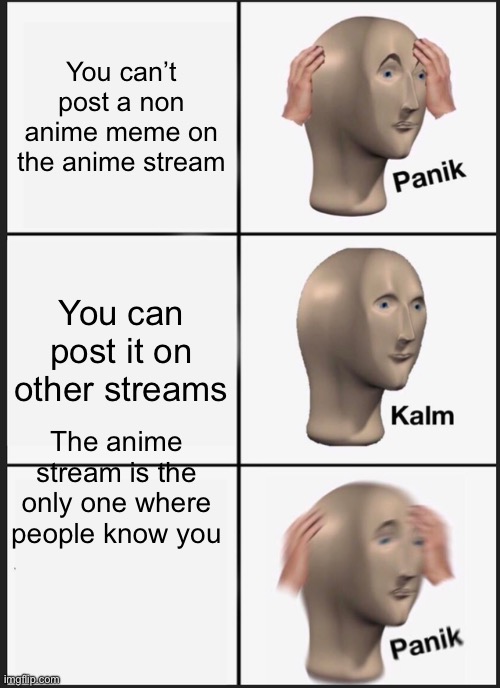 I have a dilemma | You can’t post a non anime meme on the anime stream; You can post it on other streams; The anime stream is the only one where people know you | image tagged in memes,panik kalm panik | made w/ Imgflip meme maker