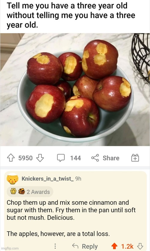 image tagged in comments,cursed,apples,toddler,recipe,bite | made w/ Imgflip meme maker