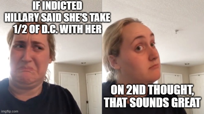 IF INDICTED HILLARY SAID SHE'S TAKE 1/2 OF D.C. WITH HER ON 2ND THOUGHT, THAT SOUNDS GREAT | image tagged in good bad | made w/ Imgflip meme maker