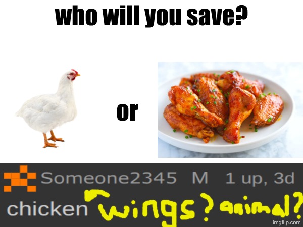 which came first: the chicken or the egg? | who will you save? or | image tagged in chicken,save,wings | made w/ Imgflip meme maker