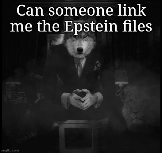 Wolf on a chair | Can someone link me the Epstein files | image tagged in wolf on a chair | made w/ Imgflip meme maker