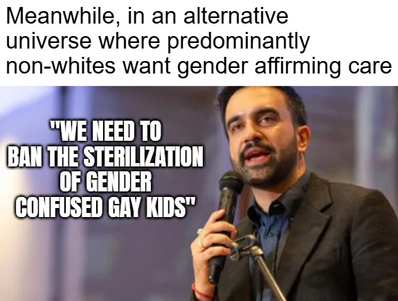 Meanwhile, in an alternative universe where predominantly non-whites want gender affirming care; "WE NEED TO BAN THE STERILIZATION OF GENDER CONFUSED GAY KIDS" | image tagged in gender identity,democrats,progressives,white people,politics | made w/ Imgflip meme maker