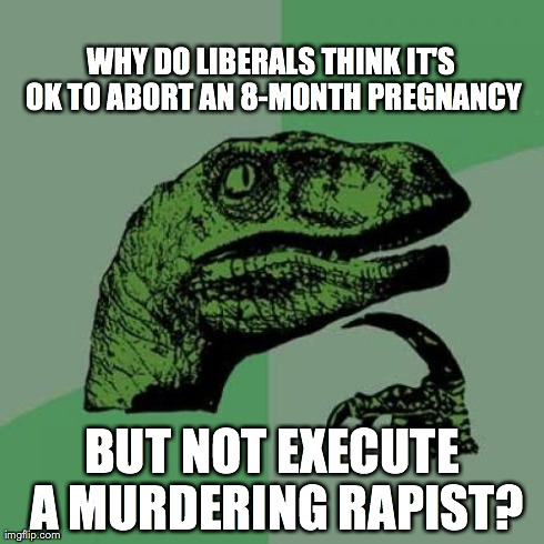 Philosoraptor Meme | WHY DO LIBERALS THINK IT'S OK TO ABORT AN 8-MONTH PREGNANCY BUT NOT EXECUTE A MURDERING RAPIST? | image tagged in memes,philosoraptor | made w/ Imgflip meme maker