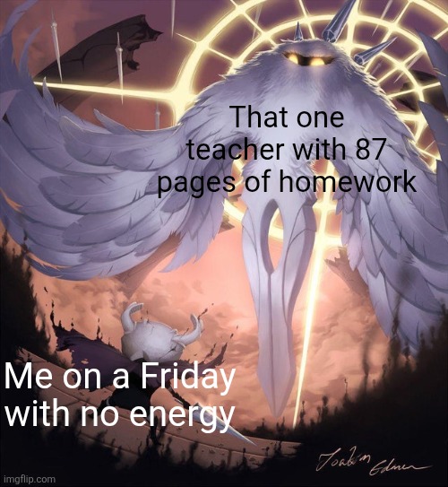 Wait NO | That one teacher with 87 pages of homework; Me on a Friday with no energy | image tagged in hollow knight and absolute radiance | made w/ Imgflip meme maker