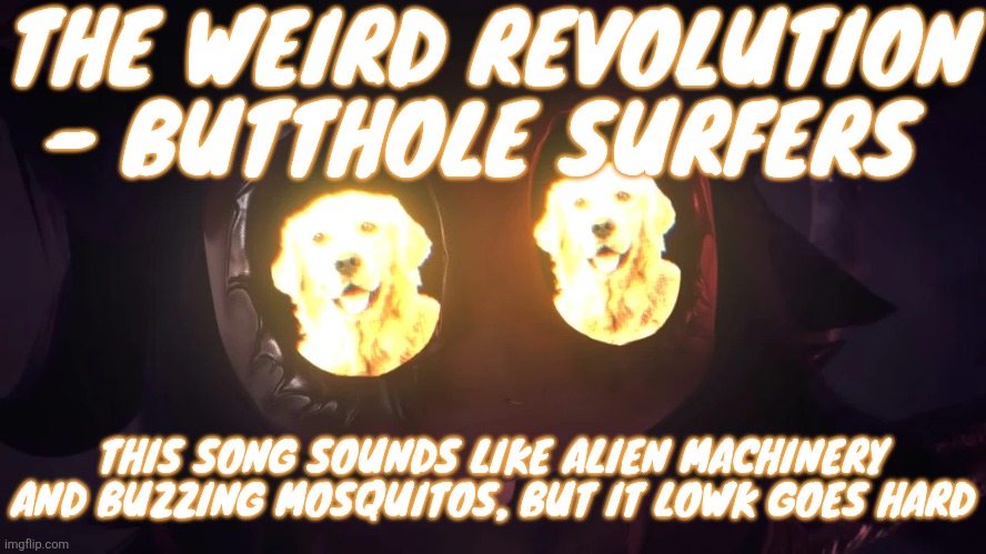 I've lowk been checking them out lately since they made one of my favorite songs (pepper) and they got into stranger things | THE WEIRD REVOLUTION - BUTTHOLE SURFERS; THIS SONG SOUNDS LIKE ALIEN MACHINERY AND BUZZING MOSQUITOS, BUT IT LOWK GOES HARD | image tagged in doggy eyes 3 | made w/ Imgflip meme maker
