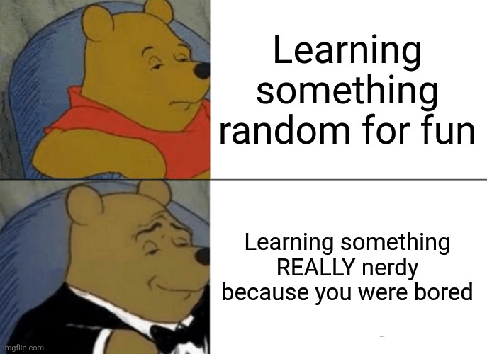 Tuxedo Winnie The Pooh Meme | Learning something random for fun; Learning something REALLY nerdy because you were bored | image tagged in memes,tuxedo winnie the pooh | made w/ Imgflip meme maker