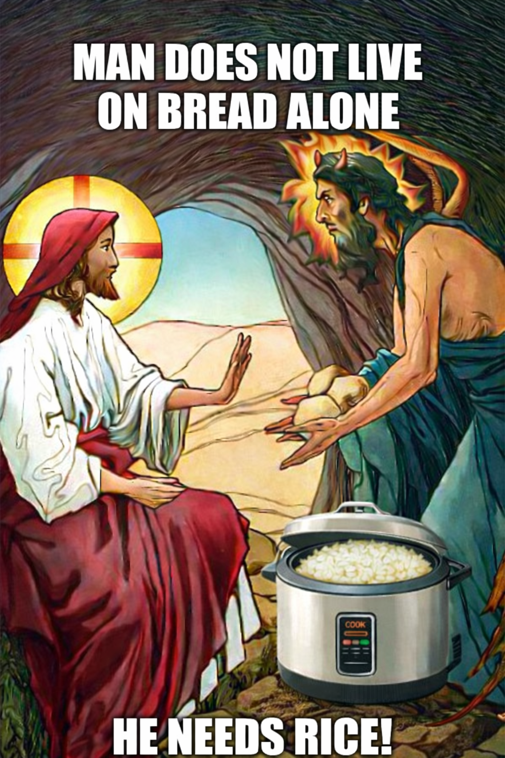 Man does not live on bread alone he needs rice Blank Meme Template
