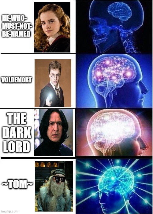 voldemort names by different people | HE-WHO-
MUST-NOT-
BE-NAMED; VOLDEMORT; THE DARK LORD; ~TOM~ | image tagged in memes,expanding brain | made w/ Imgflip meme maker