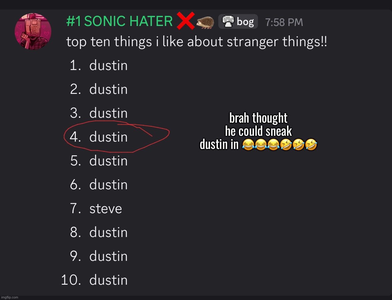 i wonder who his favorite character is | brah thought he could sneak dustin in 😂😂😂🤣🤣🤣 | made w/ Imgflip meme maker