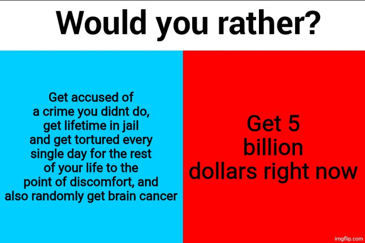 tough one guys | Get accused of a crime you didnt do, get lifetime in jail and get tortured every single day for the rest of your life to the point of discomfort, and also randomly get brain cancer; Get 5 billion dollars right now | image tagged in would you rather | made w/ Imgflip meme maker
