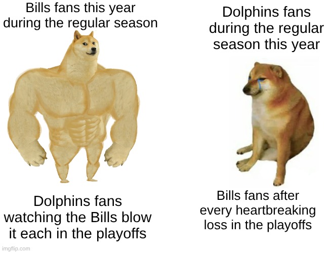 Watching the Bills lose each year is my Superbowl | Bills fans this year during the regular season Dolphins fans during the regular season this year Dolphins fans watching the Bills blow it ea | image tagged in memes,buff doge vs cheems | made w/ Imgflip meme maker
