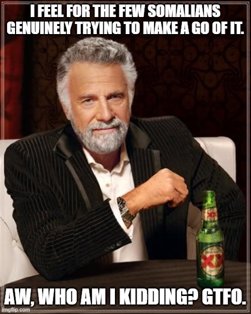 The Most Interesting Man In The World Meme | I FEEL FOR THE FEW SOMALIANS GENUINELY TRYING TO MAKE A GO OF IT. AW, WHO AM I KIDDING? GTFO. | image tagged in memes,the most interesting man in the world | made w/ Imgflip meme maker