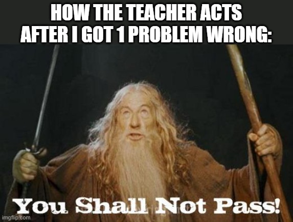 gandalf you shall not pass | HOW THE TEACHER ACTS AFTER I GOT 1 PROBLEM WRONG: | image tagged in gandalf you shall not pass | made w/ Imgflip meme maker