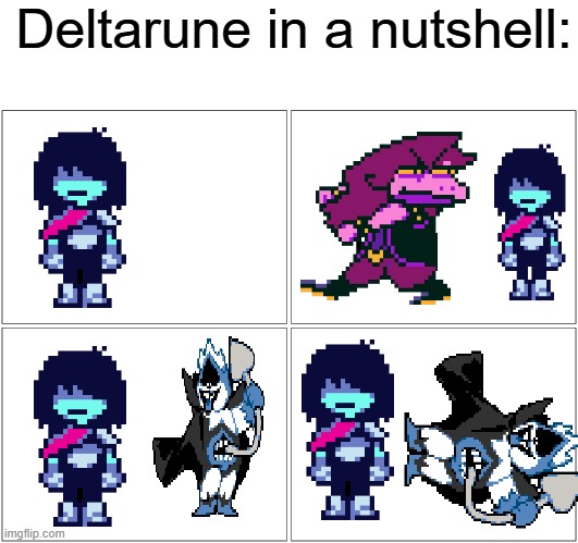 I'm at a 'loss' for how easy this is to explain | Deltarune in a nutshell: | image tagged in memes,blank comic panel 2x2 | made w/ Imgflip meme maker