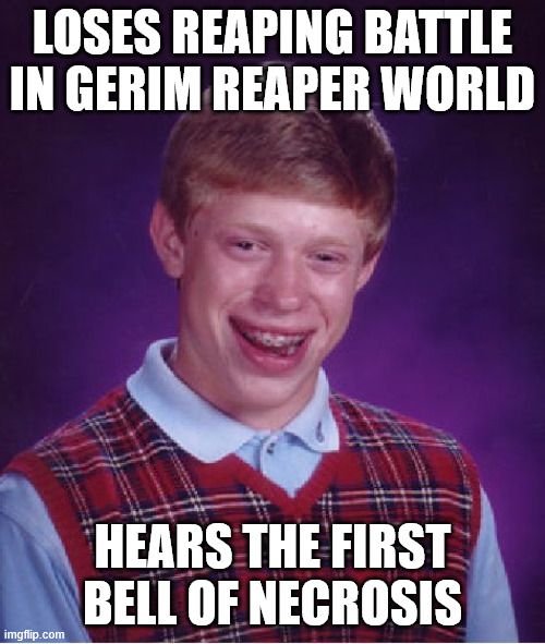 Bad Luck Brian Meme | LOSES REAPING BATTLE IN GERIM REAPER WORLD; HEARS THE FIRST BELL OF NECROSIS | image tagged in memes,bad luck brian | made w/ Imgflip meme maker
