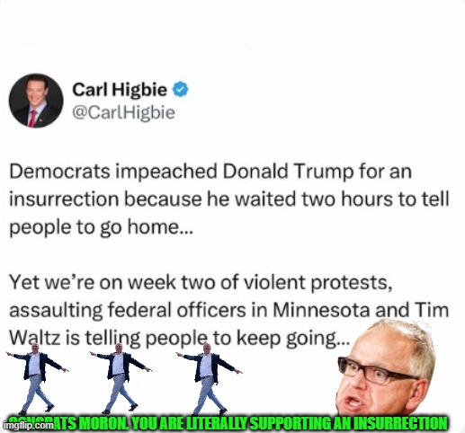 Congrats moron. You are literally supporting an insurrection | CONGRATS MORON. YOU ARE LITERALLY SUPPORTING AN INSURRECTION | image tagged in tim walz,insurrection,liberal hypocrisy,minnesota,blue state | made w/ Imgflip meme maker