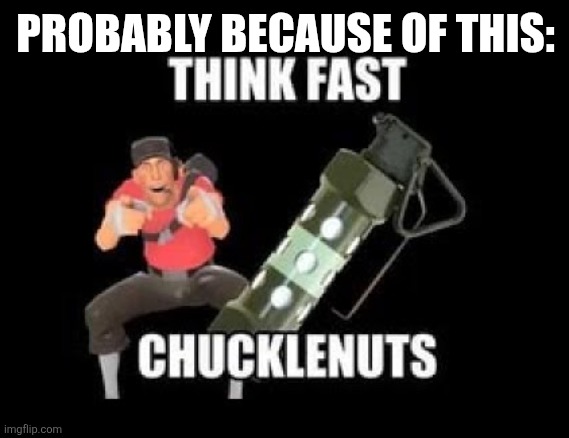 PROBABLY BECAUSE OF THIS: | image tagged in think fast chucklenuts | made w/ Imgflip meme maker