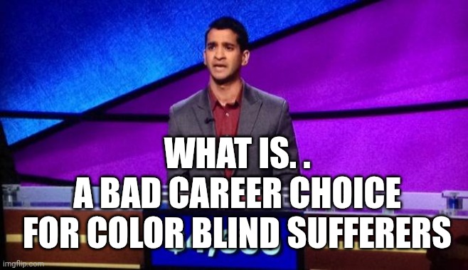 Zamir Jeopardy | WHAT IS. .
A BAD CAREER CHOICE
 FOR COLOR BLIND SUFFERERS | image tagged in zamir jeopardy | made w/ Imgflip meme maker