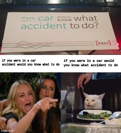 which way did you read it first | if you were in a car accident would you know what to do; if you were in a car would you know what accident to do | image tagged in memes,woman yelling at cat,you had one job | made w/ Imgflip meme maker