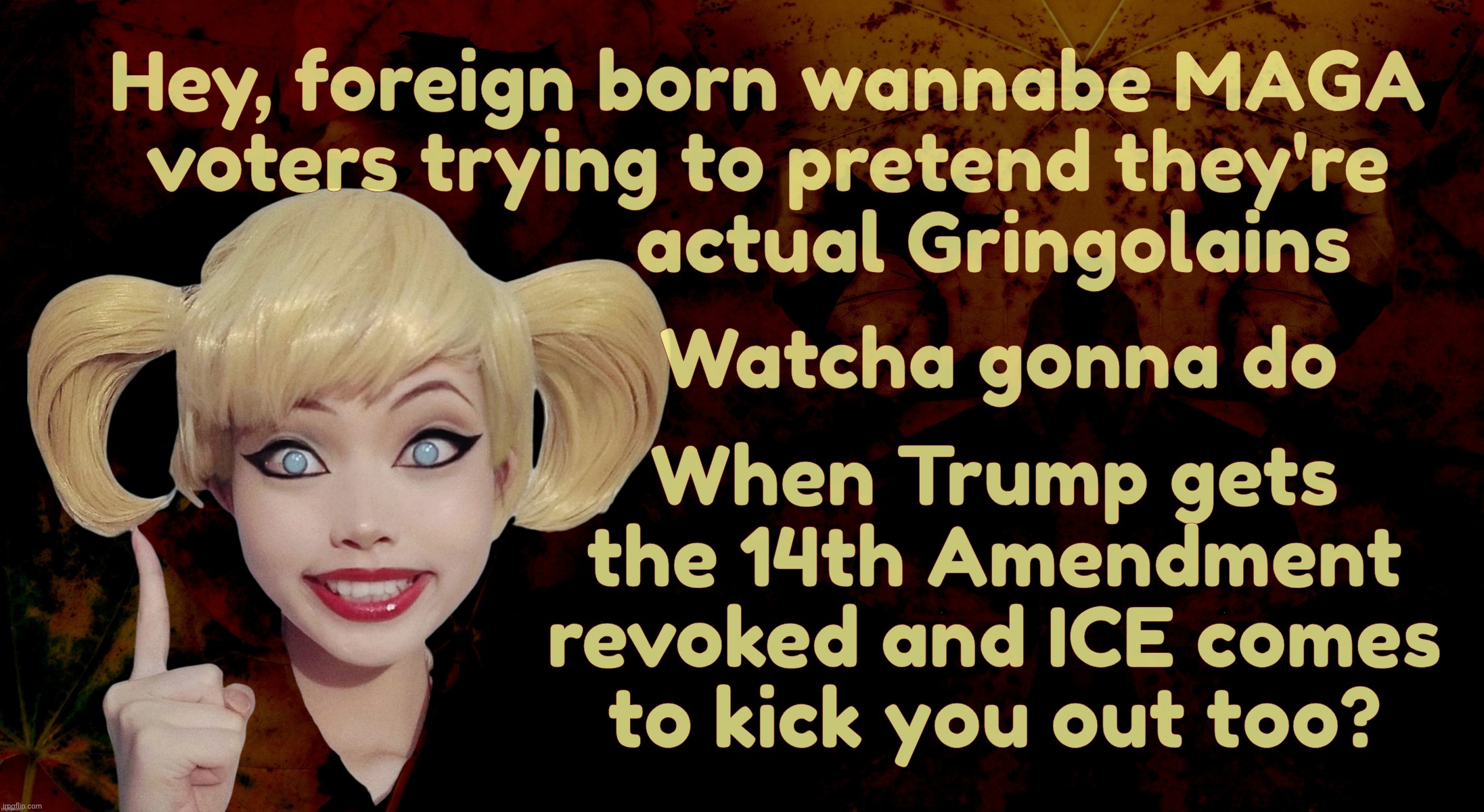 Self deportation. Because if you're a foreign-born US citizen who voted for Trump, you should do your part for the cause and go | Hey, foreign born wannabe MAGA
voters trying to pretend they're
                      actual Gringolains; When Trump gets the 14th Amendment revoked and ICE comes
to kick you out too? Watcha gonna do | image tagged in harley quinn,self deportation,self repatriation,foreigners for trump,do your duty,get the f out | made w/ Imgflip meme maker