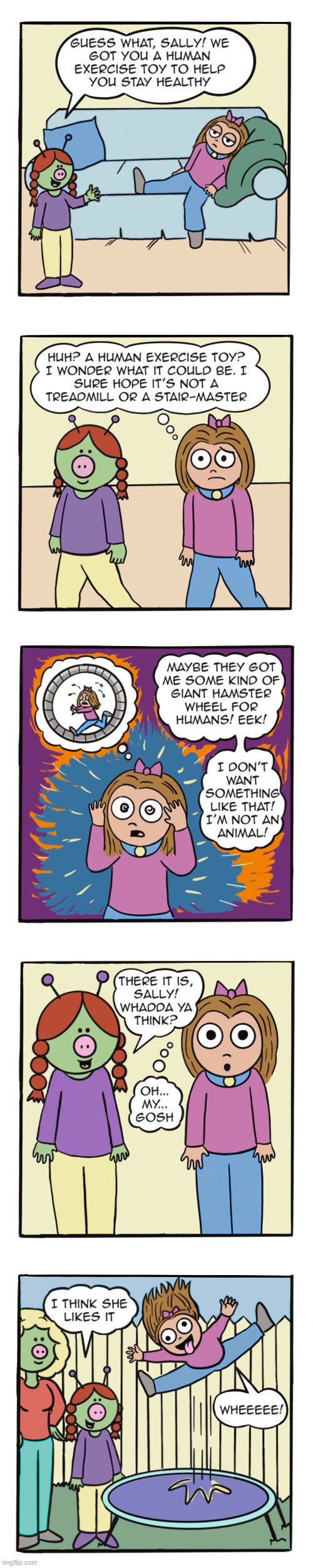 image tagged in human,sally,aliens,exercise,toy,trampoline | made w/ Imgflip meme maker