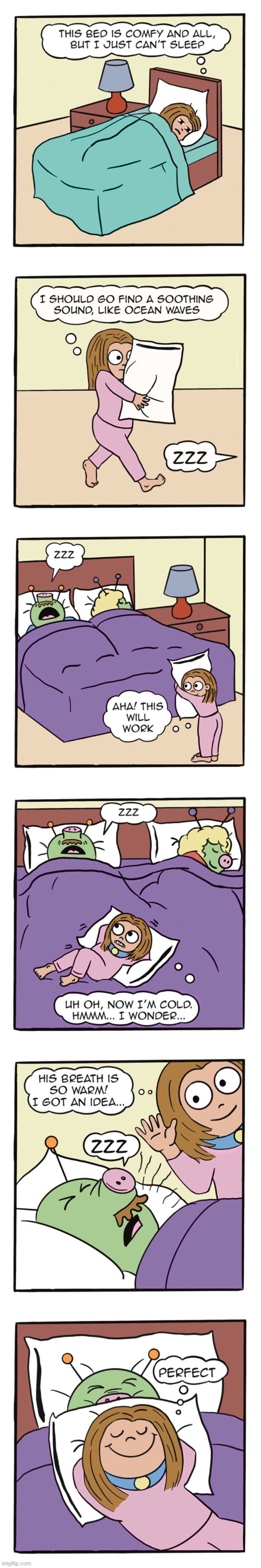 image tagged in human,sally,bed,aliens,sleeping,snoring | made w/ Imgflip meme maker