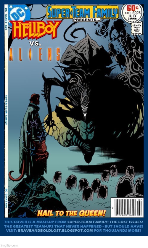 image tagged in comics,hellboy,aliens,mashup,super team family | made w/ Imgflip meme maker