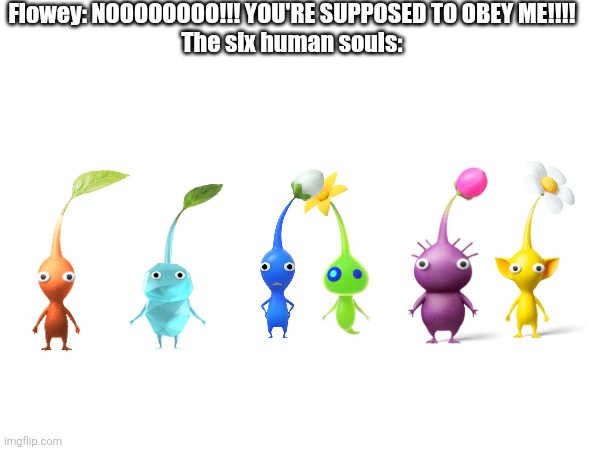 Flowey: NOOOOOOOO!!! YOU'RE SUPPOSED TO OBEY ME!!!!
The six human souls: | made w/ Imgflip meme maker