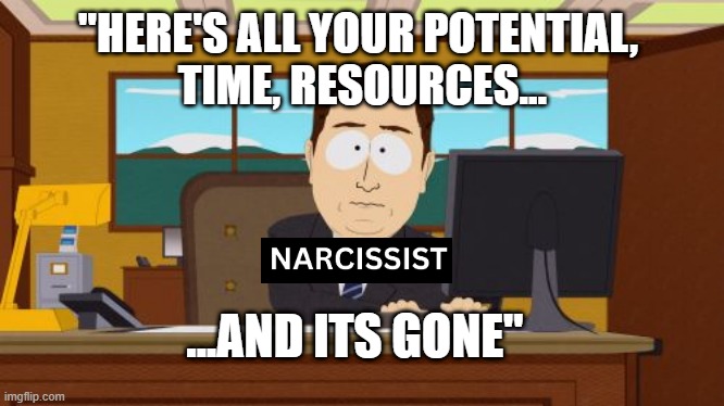 The narcissist...and its gone | "HERE'S ALL YOUR POTENTIAL, 
TIME, RESOURCES... ...AND ITS GONE" | image tagged in memes,aaaaand its gone | made w/ Imgflip meme maker