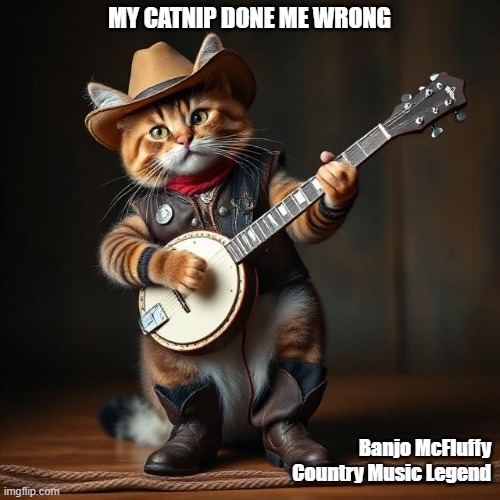 Cats love banjos | MY CATNIP DONE ME WRONG; Banjo McFluffy Country Music Legend | image tagged in cats,banjos,ai image,silly | made w/ Imgflip meme maker