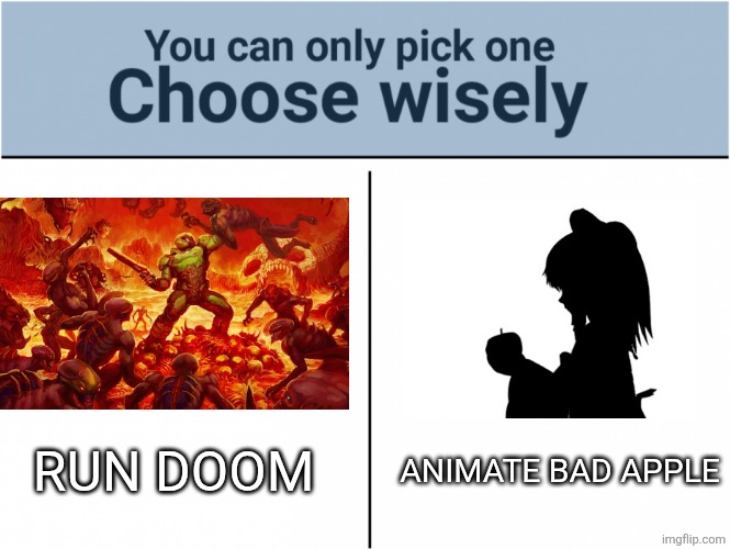 you can pick only one choose wisely | RUN DOOM; ANIMATE BAD APPLE | image tagged in you can pick only one choose wisely | made w/ Imgflip meme maker
