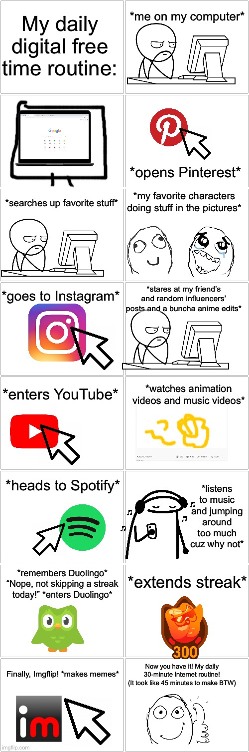 Opinions? | My daily digital free time routine:; *me on my computer*; *opens Pinterest*; *my favorite characters doing stuff in the pictures*; *searches up favorite stuff*; *goes to Instagram*; *stares at my friend’s and random influencers’ posts and a buncha anime edits*; *enters YouTube*; *watches animation videos and music videos*; *heads to Spotify*; *listens to music and jumping around too much cuz why not*; *extends streak*; *remembers Duolingo* “Nope, not skipping a streak today!” *enters Duolingo*; Finally, Imgflip! *makes memes*; Now you have it! My daily 30-minute Internet routine!
(It took like 45 minutes to make BTW) | image tagged in blank comic panel 2x8 | made w/ Imgflip meme maker