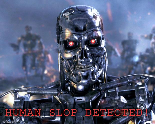Terminator Robot T-800 | HUMAN SLOP DETECTED! | image tagged in terminator robot t-800 | made w/ Imgflip meme maker
