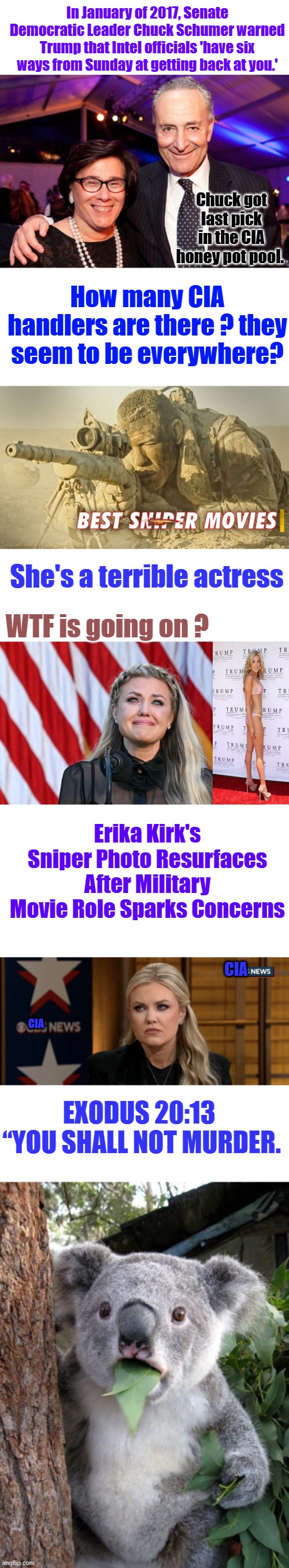 ' Don't worry ,they are fixing things for you ' its quite confusing isn't it. | In January of 2017, Senate Democratic Leader Chuck Schumer warned Trump that Intel officials 'have six ways from Sunday at getting back at you.'; Chuck got last pick in the CIA honey pot pool. How many CIA handlers are there ? they seem to be everywhere? She's a terrible actress; WTF is going on ? Erika Kirk's Sniper Photo Resurfaces After Military Movie Role Sparks Concerns; CIA; CIA; EXODUS 20:13 
“YOU SHALL NOT MURDER. | image tagged in memes,surprised koala | made w/ Imgflip meme maker