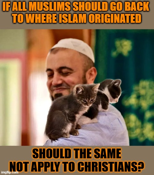 This #lolcat wonders if all religious people should return to where their religion originated | IF ALL MUSLIMS SHOULD GO BACK 
TO WHERE ISLAM ORIGINATED; SHOULD THE SAME NOT APPLY TO CHRISTIANS? | image tagged in religion,muslim,christianity,conservative hypocrisy,lolcat | made w/ Imgflip meme maker
