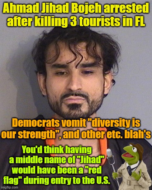 Diversity is our strength!! | Ahmad Jihad Bojeh arrested after killing 3 tourists in FL; Democrats vomit "diversity is our strength", and other etc. blah's; You'd think having a middle name of "Jihad" would have been a "red flag" during entry to the U.S. | image tagged in islam,immigrants,murder,florida,kermit the frog | made w/ Imgflip meme maker