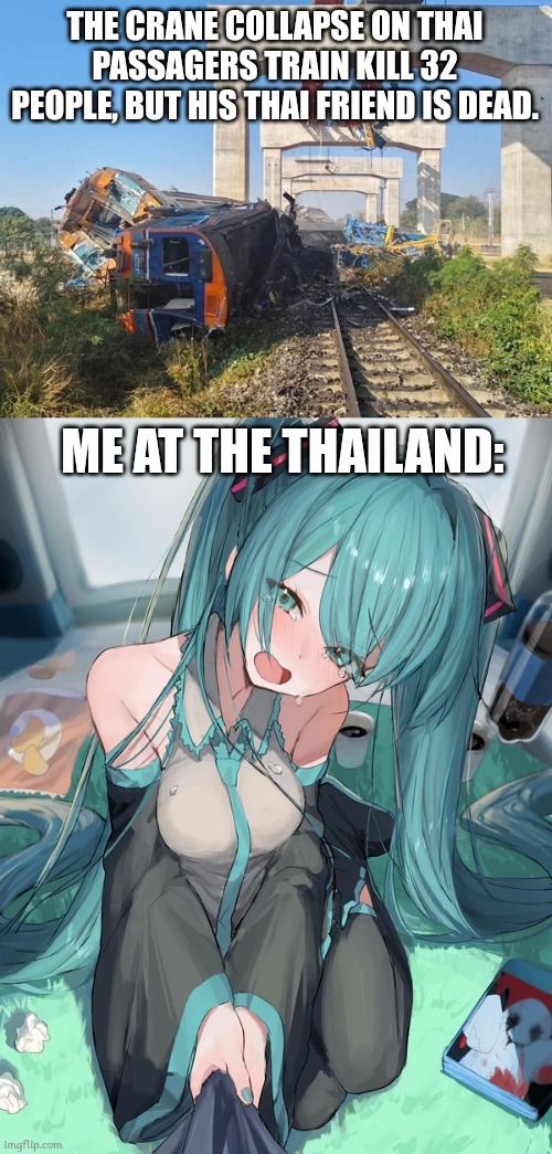 THE CRANE COLLAPSE ON THAI PASSAGERS TRAIN KILL 32 PEOPLE, BUT HIS THAI FRIEND IS DEAD. ME AT THE THAILAND: | image tagged in thai,train,memes,hatsune miku | made w/ Imgflip meme maker