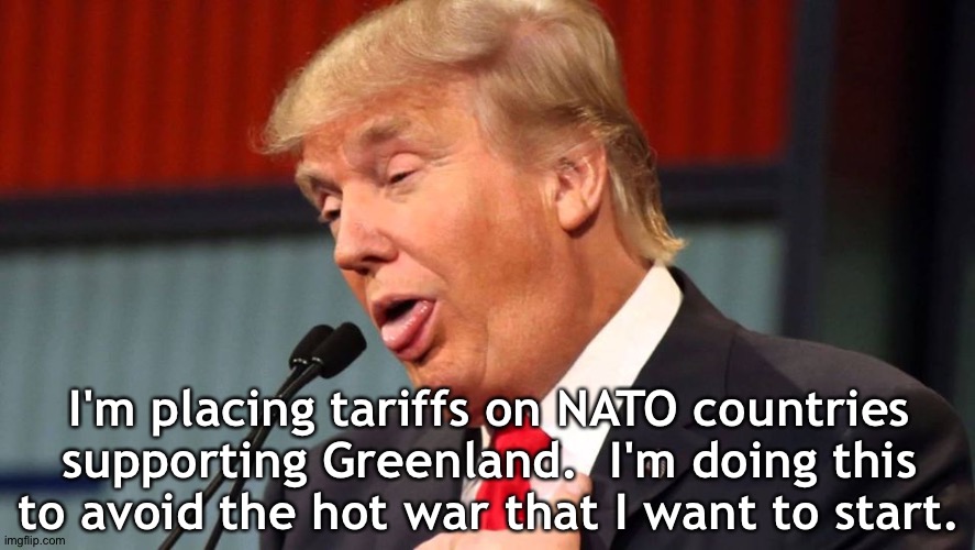 Psycho Trump | I'm placing tariffs on NATO countries supporting Greenland.  I'm doing this to avoid the hot war that I want to start. | image tagged in stupid trump | made w/ Imgflip meme maker