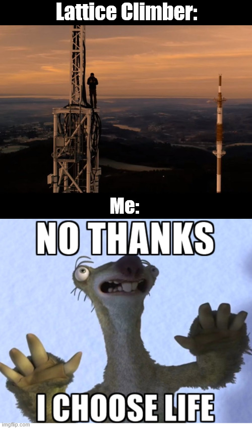 No thanks, i choose life | Lattice Climber:; Me: | image tagged in latticeclimbing,ice age,sid the sloth,climbing memes,lattice climbing,ice age memes | made w/ Imgflip meme maker
