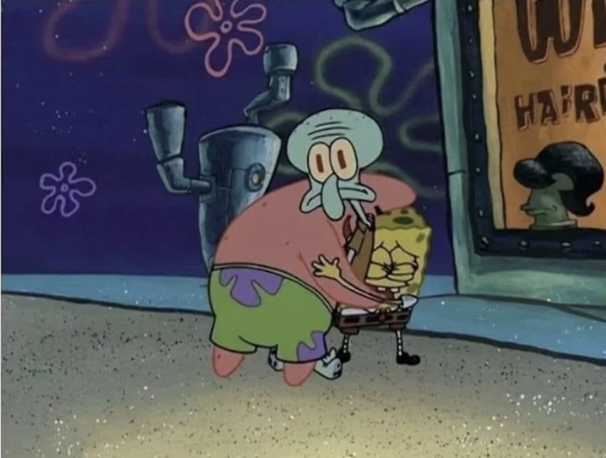 Squidward being hugged by Spongebob and Patrick Blank Meme Template