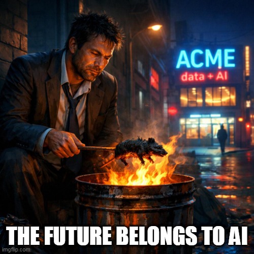 A man with a 3 day beard wearing a rumpled business suit, on a d | THE FUTURE BELONGS TO AI | image tagged in a man with a 3 day beard wearing a rumpled business suit on a d | made w/ Imgflip meme maker