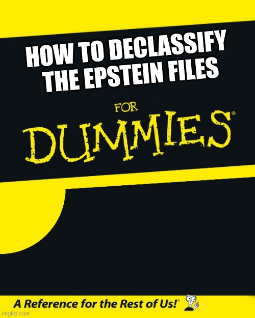 For Dummies | HOW TO DECLASSIFY  THE EPSTEIN FILES | image tagged in for dummies | made w/ Imgflip meme maker