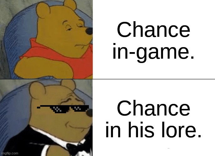 Chance has... DIFFERENCES we'll say... | Chance in-game. Chance in his lore. | image tagged in memes,tuxedo winnie the pooh,forsaken,roblox | made w/ Imgflip meme maker