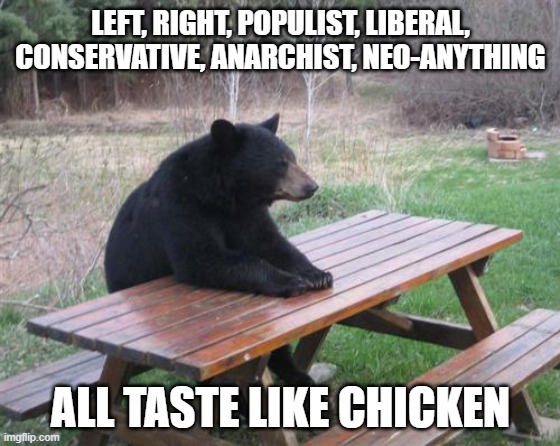 Bad Luck Bear Meme | LEFT, RIGHT, POPULIST, LIBERAL, CONSERVATIVE, ANARCHIST, NEO-ANYTHING; ALL TASTE LIKE CHICKEN | image tagged in memes,bad luck bear | made w/ Imgflip meme maker