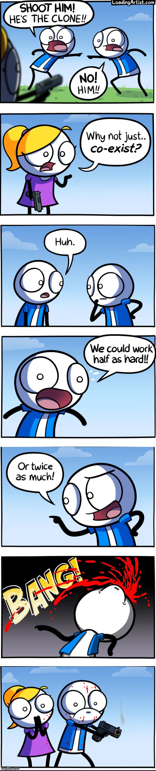 image tagged in comics,loadingartist,clone,guns,great idea,dead | made w/ Imgflip meme maker
