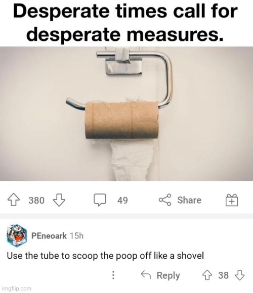 image tagged in comments,cursed,toilet paper,desperate,shovel,poop | made w/ Imgflip meme maker