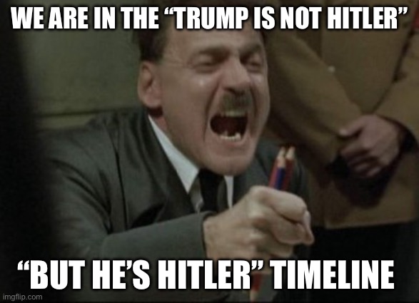 Hitler but not Hitler | WE ARE IN THE “TRUMP IS NOT HITLER”; “BUT HE’S HITLER” TIMELINE | image tagged in hitler downfall,donald trump,nazi,politics,political meme | made w/ Imgflip meme maker